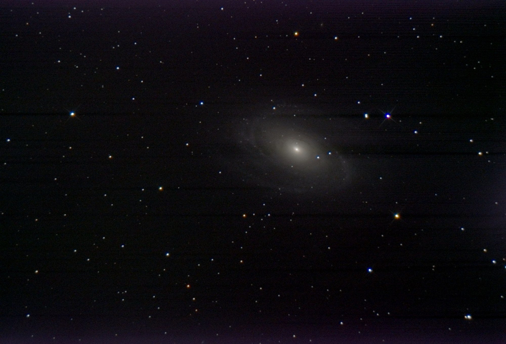 Bode's Galaxy, a bright oval spiral with a glowing core, in a field of stars